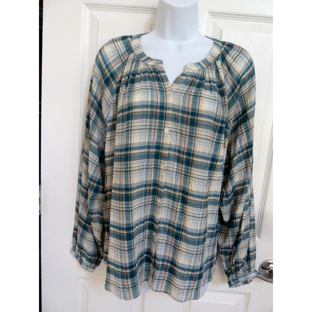 NWT!! OLD NAVY Sz Med. 8/10 Gauzy Textured Plaid Balloon Sleeve Blouse Button-Up